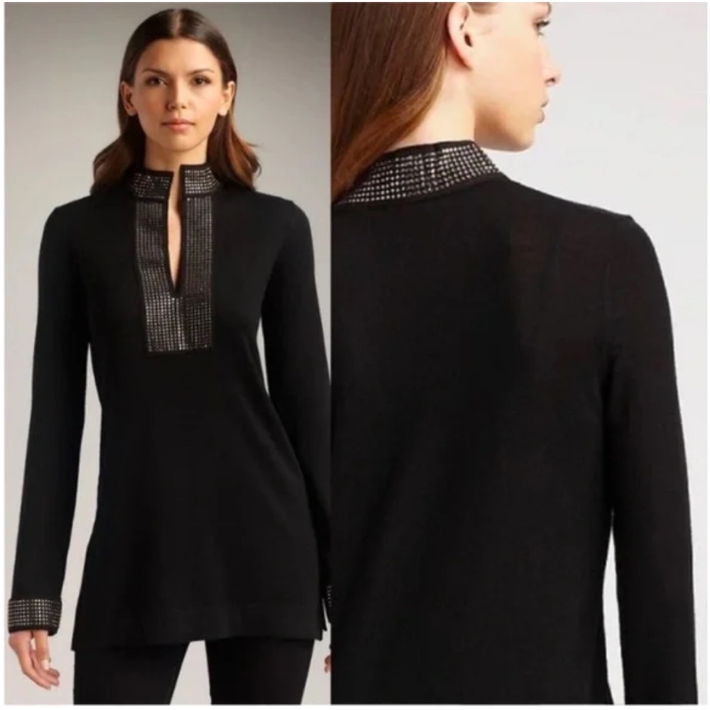 Tory Burch Merino Wool Rhinestone Trim Tunic Sweater Size XS